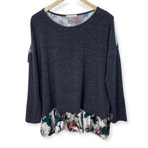 Entro Floral Long Sleeve Velvet Back Peplum Sweater Size Large Grey Top Bohemian